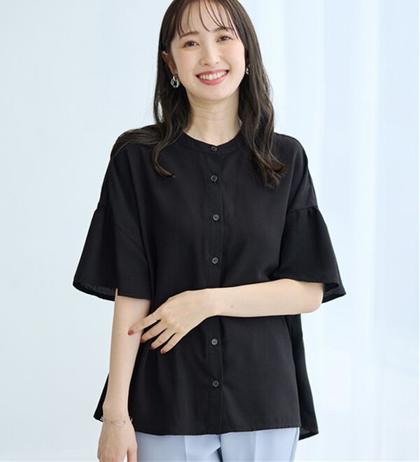 alotta（アロッタ）の「バンドカラーフレアー袖ブラウス（ブラウス）」｜ブラック