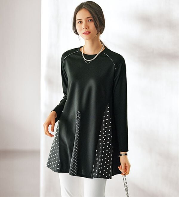BELLUNA（ベルーナ）の「【Ｌａｇｒｉｌｕａ】ドット柄切替フレアーチュニック（チュニック）」｜黒