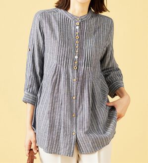 BELLUNA（ベルーナ）の「ダブルガーゼ素材多ボタンオーバーブラウス（ブラウス）」｜ストライプ