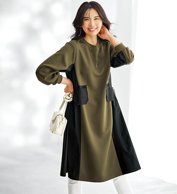 BELLUNA（ベルーナ）の「配色切替ポケットデザインワンピース（その他ワンピース）」｜カーキ系