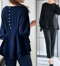 RANAN（ラナン）の「【２点セット】洗える！バックパール調ペプラムチュニックセットアップ（パンツスーツ）」