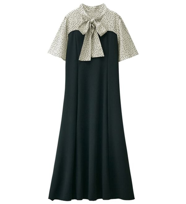 RANAN（ラナン）の「ボウタイデザインドッキングフレアー袖ワンピース（ドッキングワンピース）」｜詳細画像