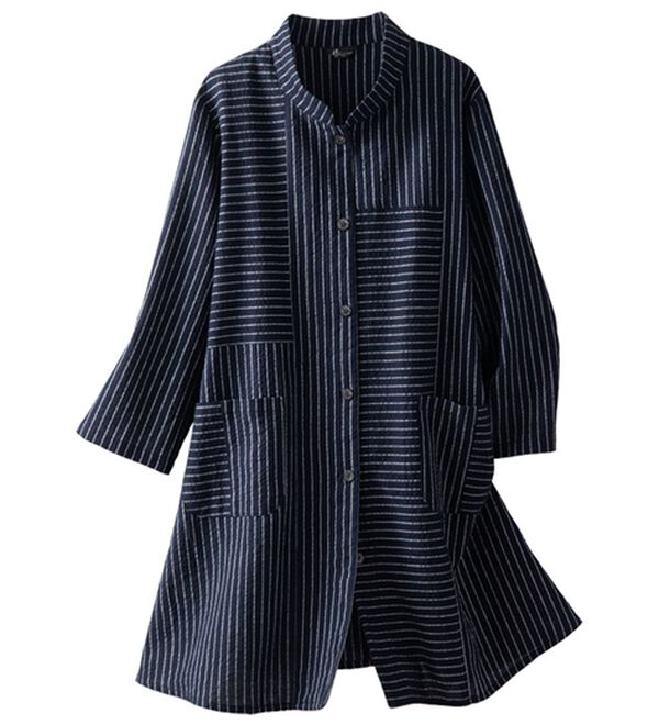 ルフラン（ルフラン）の「日本製　久留米織綿１００％切替ブラウス（ブラウス）」｜紺系