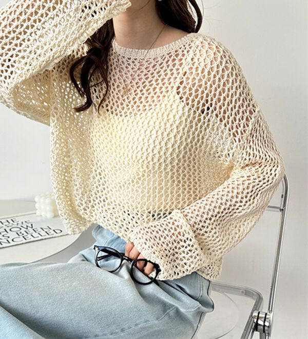 GeeRA（ジーラ）の「透かし編みメッシュニットプルオーバー（ニット・セーター）」｜詳細画像
