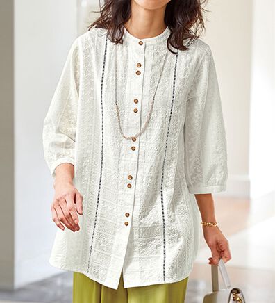 BELLUNA（ベルーナ）の「綿１００％ボーダー刺しゅう切替ブラウス（ブラウス）」