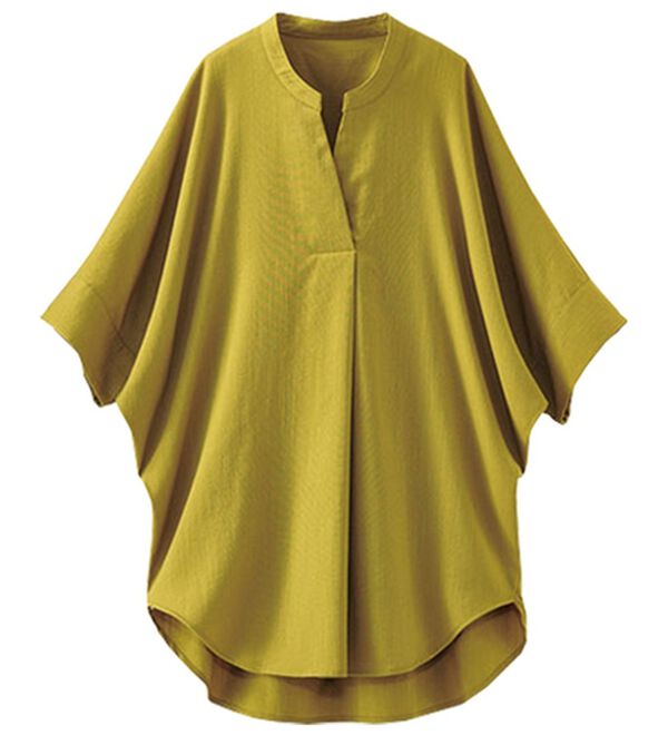 BELLUNA（ベルーナ）の「ヒンヤリ！麻調スラブ素材ドルマンシャツチュニック（チュニック）」｜イエローグリーン