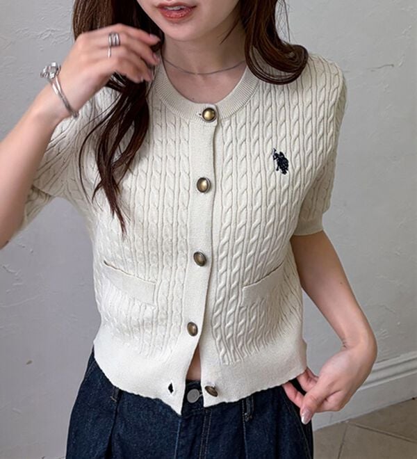 RANAN（ラナン）の「＜Ｕ．Ｓ．ＰＯＬＯ　ＡＳＳＮ．＞ゴールドボタン半袖刺繍ケーブルニットカーディガン（ニットカーディガン）」｜詳細画像