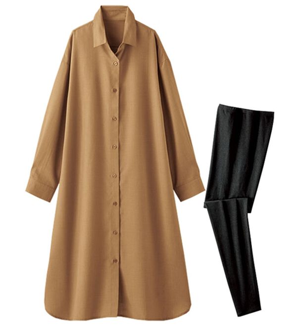 BELLUNA（ベルーナ）の「麻調シャツワンピース＆レギンスセット（アンサンブル）」｜詳細画像