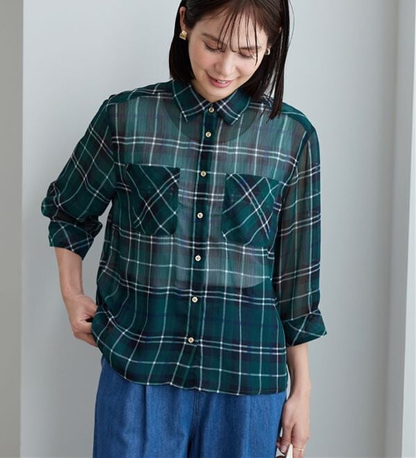 BELLUNA（ベルーナ）の「シフォン楊柳チェック柄プリントシャツ（シャツ）」｜詳細画像