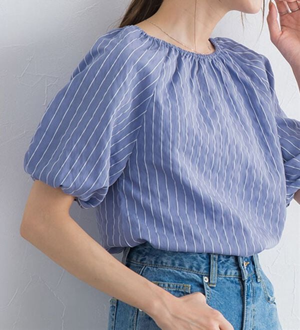 Pierrot（ピエロ）の「ストライプギャザーブラウス（ブラウス）」｜詳細画像