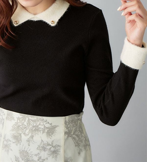 alotta（アロッタ）の「洗える！もっちりタッチ衿付フェザー切替配色ニット（ニット・セーター）」｜詳細画像