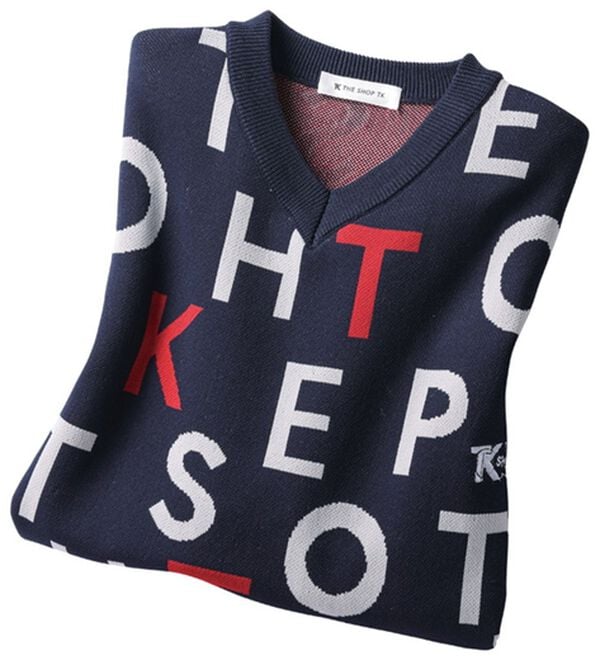 「＜ザ　ショップ　ティーケー＞軽量ストレッチＶネックロゴセーター（メンズシャツ）」｜ネイビー