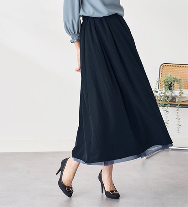 BELLUNA（ベルーナ）の「２倍の着こなし！チュールプリントスカート（ロングスカート）」｜詳細画像