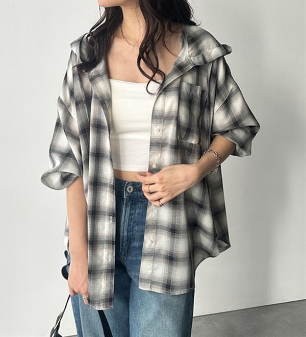 GeeRA（ジーラ）の「羽織にも◎フード付きオーバーサイズシャツ（シャツ）」｜詳細画像