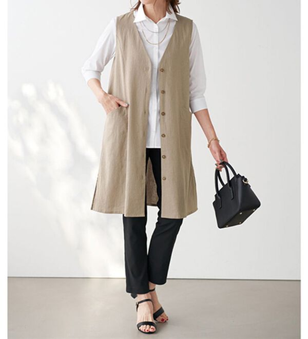 ジェニーギャルソン ロング チュニック ベスト すっぽりカバー涼やかリネン混チュニックベスト - ベルーナ【公式】