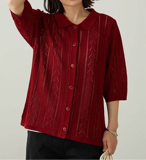 BELLUNA（ベルーナ）の「衿付き透かし編みニットカーディガン（ニットカーディガン）」｜詳細画像