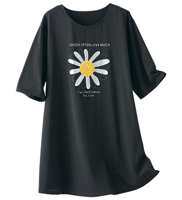 BELLUNA（ベルーナ）の「パールビーズ使いお花プリントＴシャツ（チュニック）」｜黒