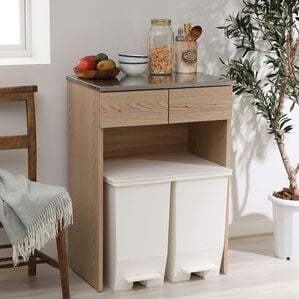 iellio（イエリオ）の「ステンレス天板ゴミ箱カウンター＜家電収納レンジ台・デッドスペース収納・作業台・木目調・ゴミ箱上収納＞（調理台・キッチンカウンター）」｜ナチュラルオーク