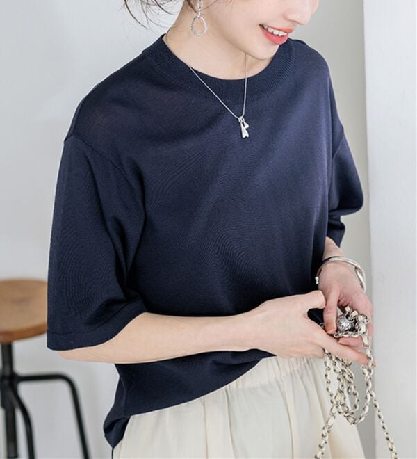 BELLUNA（ベルーナ）の「肌に張り付かない！シャリ冷や高見えニットＴ（ニット・セーター）」｜ネイビー