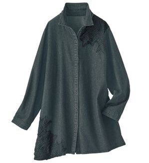 BELLUNA（ベルーナ）の「花柄レース切替デニム素材ブラウス（チュニック）」｜ブラック系