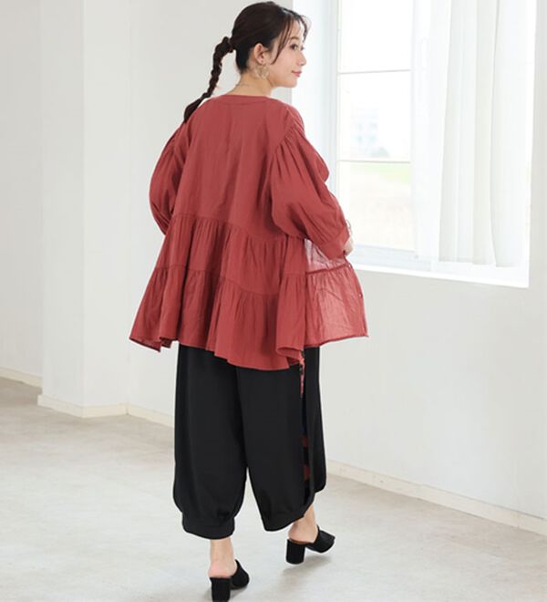 A HAPPY MARILYN（アハッピーマリリン）の「【Ｌ～６Ｌ】【風通るプレミアム】綿・楊柳七分袖ティアードブラウス（ブラウス）」｜詳細画像