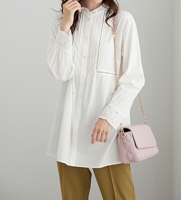 BELLUNA（ベルーナ）の「上品に着映える！衿＆袖レース切替シャツチュニック（チュニック）」｜詳細画像