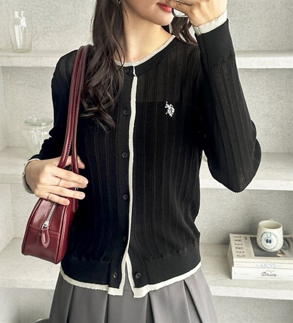 GeeRA（ジーラ）の「【ＵＳ．ＰＯＬＯ．ＡＳＳＮ】配色シアーカーディガン（ニットカーディガン）」｜ブラック