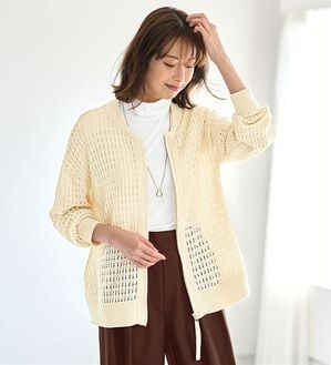 BELLUNA（ベルーナ）の「透かし柄ニットジップブルゾン（ニットカーディガン）」｜アイボリー