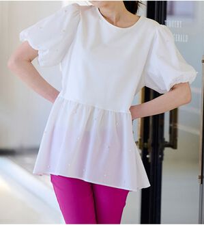 RANAN（ラナン）の「ひんやり！パール調ビーズ使いボリューム袖プルオーバー（カットソー）」｜オフホワイト