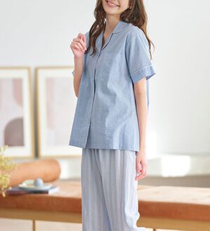 YU'NOW（ユナウ）の「【半袖＋ロングパンツ】綿１００％サッカーシャツパジャマ（パジャマ・ルームウェア）」｜詳細画像