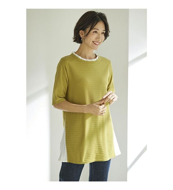 BELLUNA（ベルーナ）の「ひんやり冷感！タックジャカード素材重ね着風プルオーバー（カットソー）」｜詳細画像