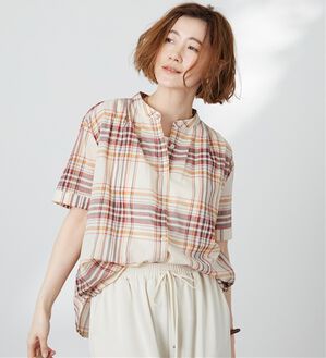 BELLUNA（ベルーナ）の「綿100％バンドカラーシャツブラウス（ブラウス）」｜アイボリー系チェック