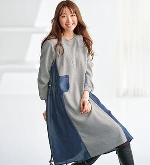 BELLUNA（ベルーナ）の「デニム切替ポケットデザインワンピース（カットソーワンピース）」｜杢グレー
