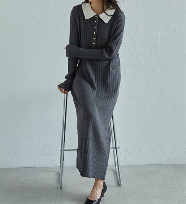 RANAN（ラナン）の「ポロカラーリブニットワンピース（ロングワンピース）」｜詳細画像