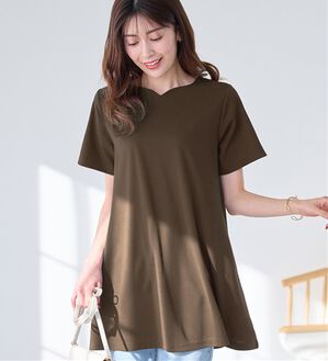 alotta（アロッタ）の「【接触冷感】さらっと快適！高見えフレアーロングチュニックＴシャツ（チュニック）」｜モカブラウン