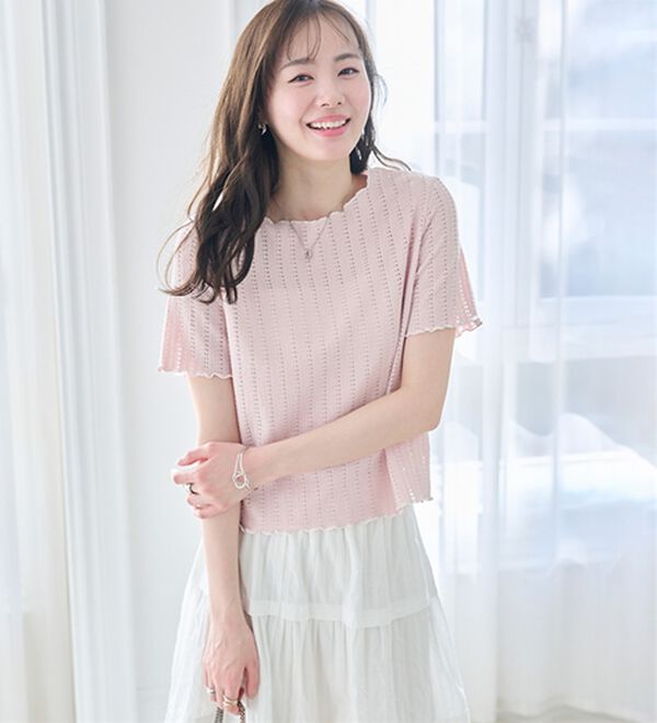 RANAN（ラナン）の「インせず着られる！透かし柄メロー配色Ｔシャツ（カットソー）」｜詳細画像