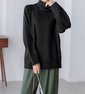 BELLUNA（ベルーナ）の「トレーナーがカジュアルすぎる方に！洗えるリブハイネックニット（ニット・セーター）」｜黒