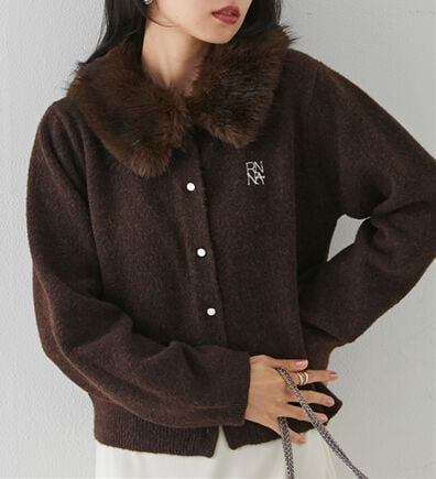 RANAN（ラナン）の「ヤクライクファー衿カーデ（ニットカーディガン）」
