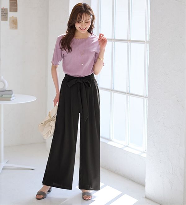 alotta（アロッタ）の「【４つの機能付】ひんやり共布リボン付ワイドパンツ（ワイドパンツ・ガウチョ）」｜詳細画像