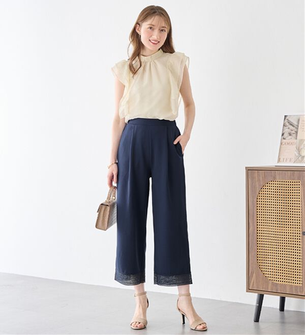 alotta（アロッタ）の「【４つの機能付】ひんやり裾レース楽ちんストレートパンツ（ワイドパンツ・ガウチョ）」｜詳細画像