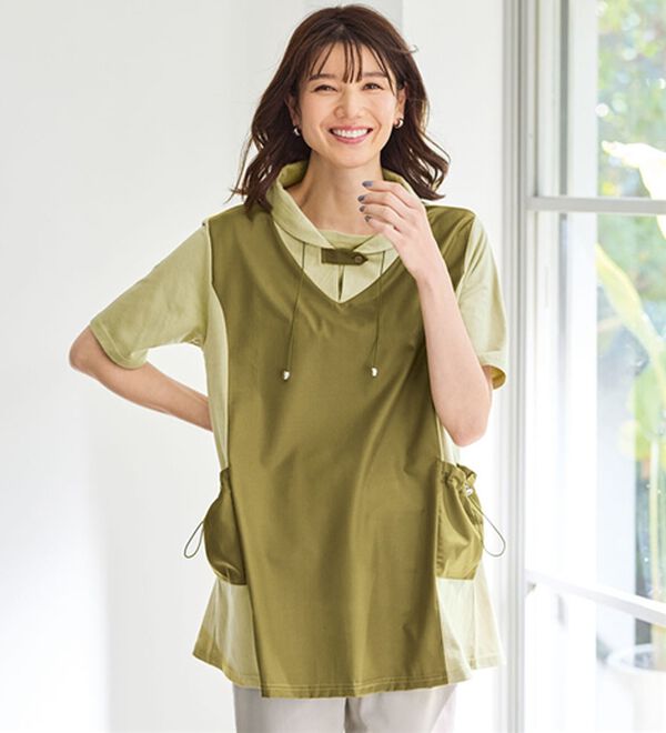 BELLUNA（ベルーナ）の「【２枚組】異素材切替フード風デザインチュニック（チュニック）」｜詳細画像