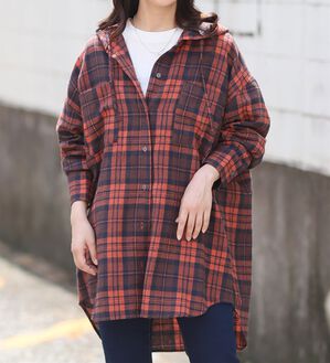 A HAPPY MARILYN（アハッピーマリリン）の「【大きいサイズ】【Ｌ～６Ｌ／選べる２丈】フードデザインシャツ（シャツ）」｜オレンジチェック