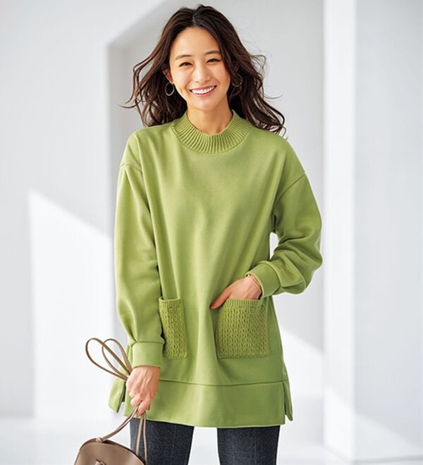 BELLUNA（ベルーナ）の「裏起毛素材ニット切替チュニック（チュニック）」｜イエローグリーン