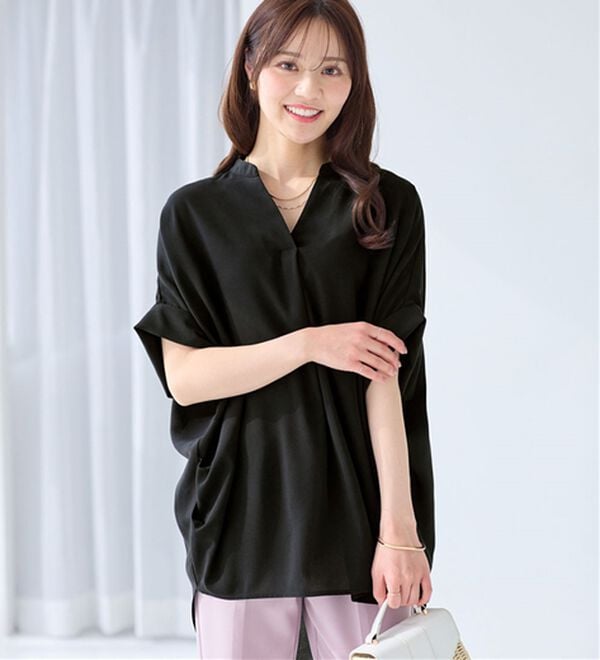 alotta（アロッタ）の「サイドタックゆるドルマンとろみブラウス（ブラウス）」｜ブラック