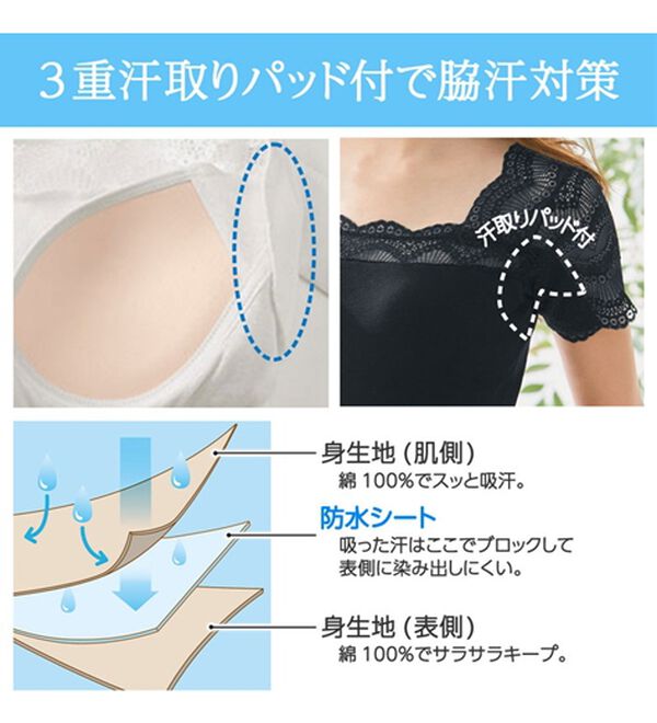 LAVIENNE（ラヴィエンヌ）の「【夏を快適に！】綿１００％汗取りレース・カップ付インナー＜さらりラボ＞（ブラトップ・カップ付きインナー）」｜詳細画像