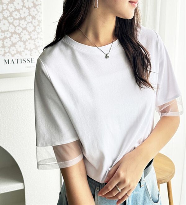 GeeRA（ジーラ）の「綿１００％袖シアー切替シルケットＴシャツ（Tシャツ）」｜オフホワイト