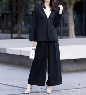 RANAN（ラナン）の「【カセット服】洗える！カセットスーツ　シリーズ（ワイドパンツ・ガウチョ）」｜ネイビー