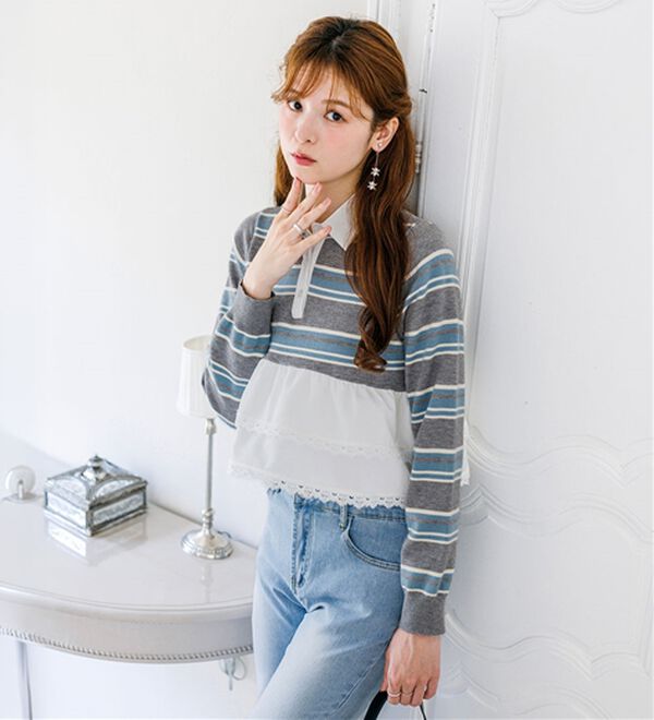 「【Corie】レースティアードポロ衿ニット（ポロシャツ）」｜詳細画像