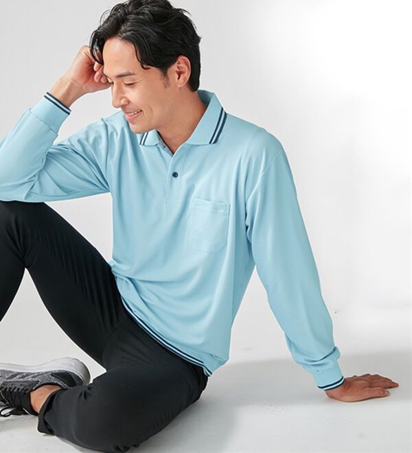 REMEN'S（リメンズ）の「ラインデザインポロシャツ（選べる袖丈）（メンズポロシャツ）」｜サックス