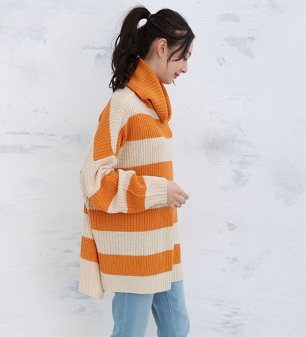 「【ＬＬ～４Ｌ】オフタートルワイドボーダーニットプルオーバー（ニット・セーター）」｜詳細画像